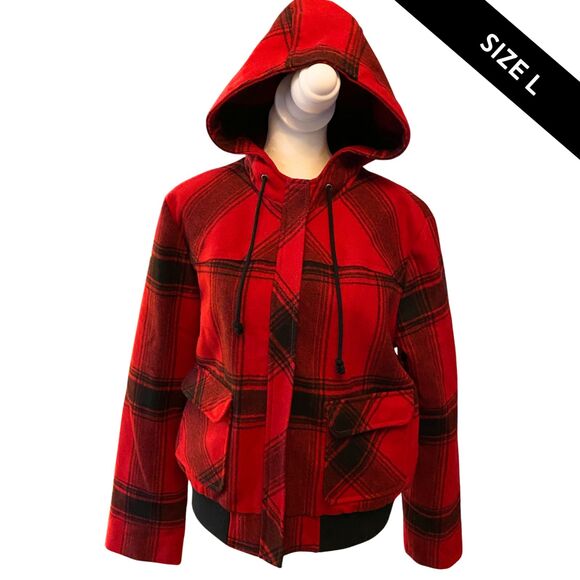 NWT Old Navy Womens Red/Black Buffalo Plaid Wool Blend Hooded Jacket Sz L - Picture 1 of 12